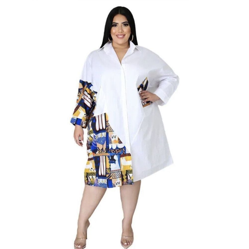 GoodTime Plus Size 1X-2X Patchwork Women Long Slv Loose Shirt‎ Dress Long Blouse